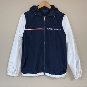 TOMMY HILFIGER Men's Medium Full Zip Windbreaker Jacket Hooded Navy White Light